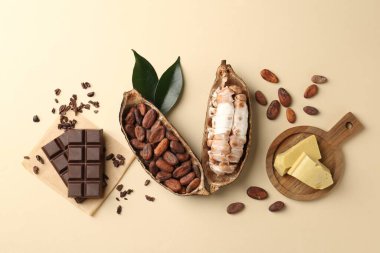 Bej arka planda fasulye, tereyağı ve çikolata içeren kakao kabukları.
