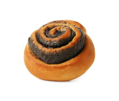 Bir lezzetli çörek ve beyaz üzerine izole edilmiş haşhaş tohumları.