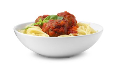 Beyaz kasede köfteli leziz makarna.