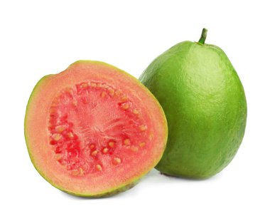 Fresh whole and cut guava fruits isolated on white