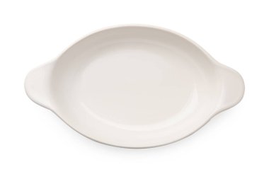 Seramik bir güveç, beyaza izole edilmiş, üst manzara. Mutfak aletleri