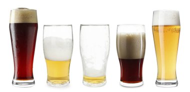 Beyaz bardaklardaki farklı bira tipleri, set.