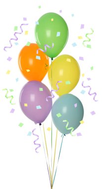 Beyaz arka planda bir sürü parlak balon, yılan süsü ve konfeti.