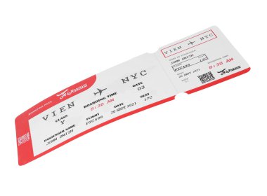 Bir uçak bileti beyaza izole edilmiş. Yurtdışına seyahat.