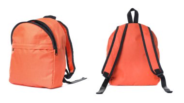 Turuncu sırt çantası beyaza izole edilmiş, kolaj. Farklı taraflar