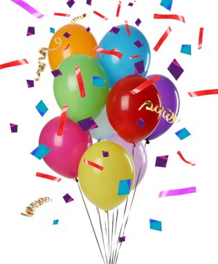 Parlak balonlar, yılan desenleri ve beyaz arka planda parlak konfetiler.