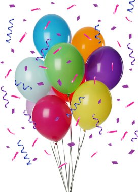 Beyaz arka planda bir sürü parlak balon, yılan süsü ve konfeti.
