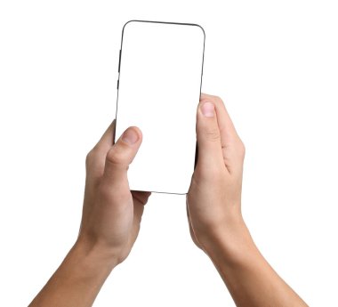 Beyaz arka planda modern akıllı telefona sahip adam, yakın plan.