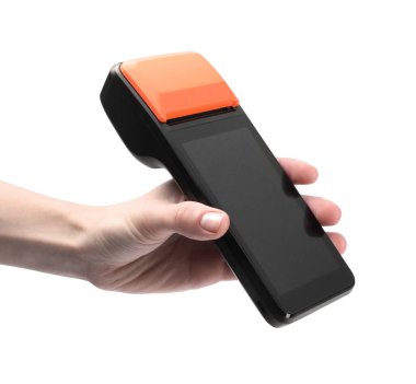 Ödeme terminali beyaz arka planda olan kadın, yakın plan