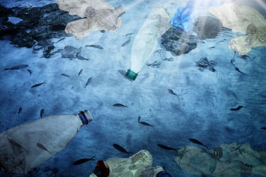 Çevre kirliliği. Deniz yaşamı ve plastik çöplerle dolu okyanus suyu