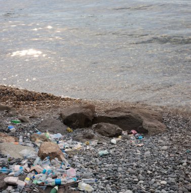 Çevre kirliliği. Plastik çöplerle dolu deniz plajı