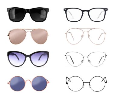 Beyaza izole edilmiş farklı bir güneş gözlüğü ve gözlüğü. Modaya uygun aksesuarlar.