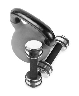 Metal su damlası ve dambıllar beyaz üzerine izole edilmiş.