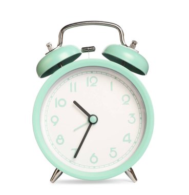 Bir turkuaz alarm saati beyaza izole edilmiş.