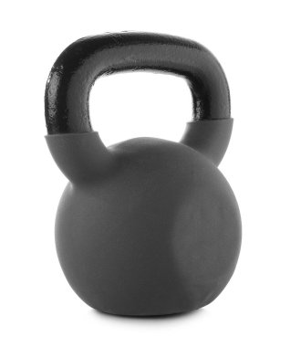 Beyaza izole edilmiş ağır bir kettlebell. Spor malzemeleri.
