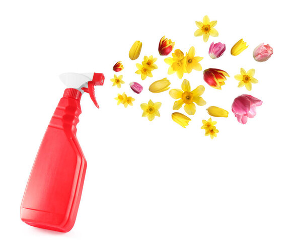 Весенняя уборка. Красивые цветы, вылетающие из баллончика с моющим средством на белом