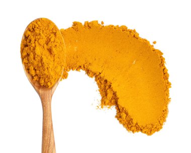 Zerdeçal tozu ve kaşık beyaz, üst görünüm