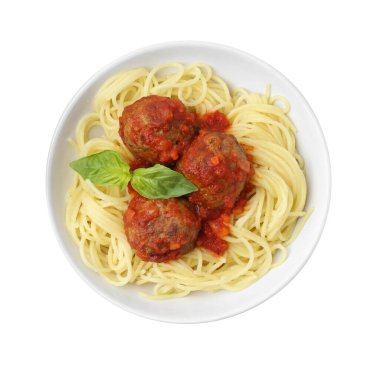 Kasede köfteli makarna. Beyaz, üst manzara.