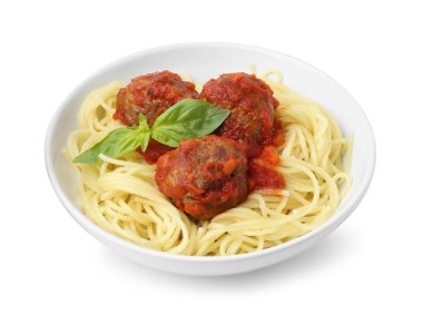 Beyaz kasede köfteli leziz makarna.