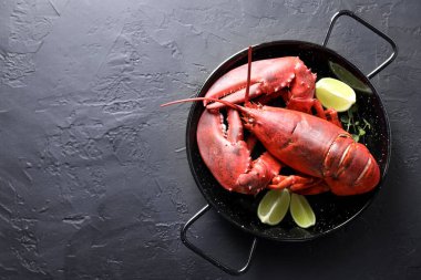 Lezzetli haşlanmış ıstakoz, limon parçaları ve siyah masa üzerinde mikroyeşiller, üst manzara. Metin için boşluk