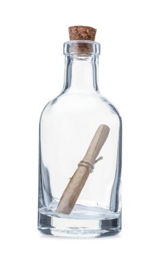 Mantarlı cam şişe, beyaz harf izole edilmiş.