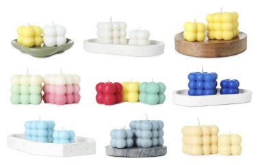 Beyaz arkaplanda farklı moda baloncuk mumları, ayarla