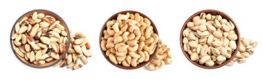 Brezilya ve diğer fındıklar beyaz kaselerde izole edilmiş, set. Üst görünüm