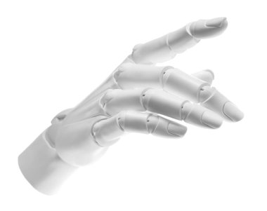Yapay zeka. Beyaz arka planda hareket eden robot el.