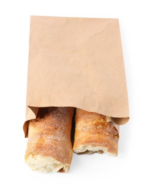 Kağıt torba ve yarımlar taze baget, beyaz, üst görünüm