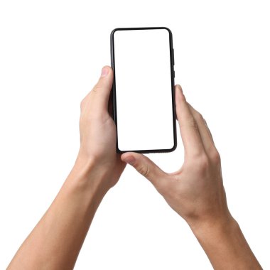 Beyaz arka planda modern akıllı telefona sahip adam, yakın plan.