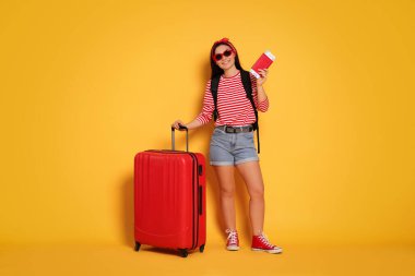 Sarı arka planda pasaportlu ve bavullu bir yolcu.