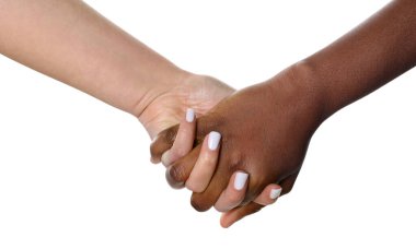 Stop racism. People of different skin colors holding hands on white background, closeup clipart