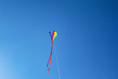 Mavi gökyüzünde uçan renkli bir uçurtma