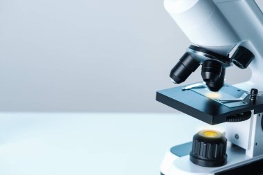 - Bilim. Bulanık arka planda cam kaydıraklı mikroskop, yakın plan. Metin için boşluk