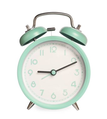 Bir turkuaz alarm saati beyaza izole edilmiş.