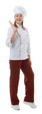 Beyaz arka planda merdanesi olan mutlu aşçı