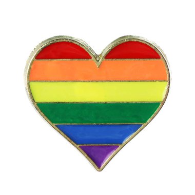 Beyaz arkaplanda LGBT renklerinde kalp şeklinde rozet