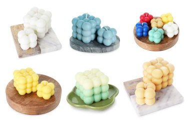 Beyaz arkaplanda farklı moda baloncuk mumları, ayarla