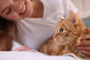 Evde yatağında sevimli kızıl kedisi olan bir kadın, yakın plan.