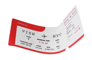 Bir uçak bileti beyaza izole edilmiş. Yurtdışına seyahat.