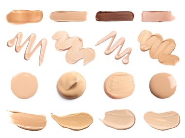 Farklı tonların sıvı temeli. Beyaz arkaplandaki örnekler, ayarla