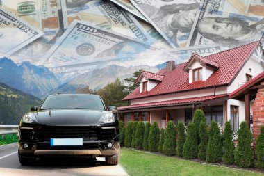 Wealth, luxury life concept. Collage with dollars, modern car and big house clipart