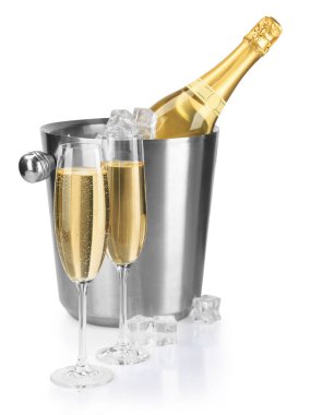 Şampanya ve kova, buzla kaplanmış beyaz.