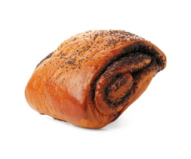 Bir lezzetli çörek ve beyaz üzerine izole edilmiş haşhaş tohumları.