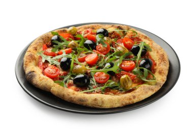 Zeytinli, domatesli ve roka aromalı lezzetli pizza.