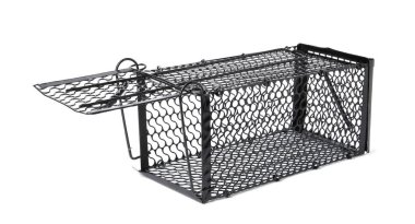 Bir metal fare tuzağı beyaza izole edilmiş.