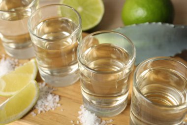 Tuzlu tekila shot, limon ve agave yaprağı ahşap masada, yakın plan.