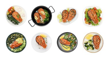 Lezzetli ızgara somon balığı, beyaz sette. Üst görünüm