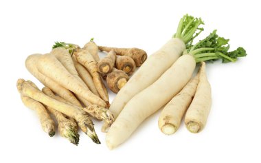 Beyaza izole edilmiş birçok farklı kök sebze.