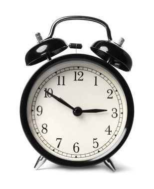 Beyaza izole edilmiş bir siyah alarm saati